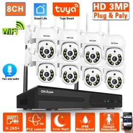 Sistema Tuya Wi -Fi Sistema de Segurança de Câmera Kit PTZ 3MP 8CH Kit NVR sem fio colorido Visão noturna Sistema de vigilância de vídeo IP Câmera Conjunto de vigilância 4CH 4CH