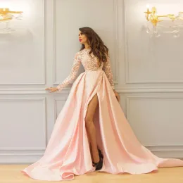 Платья длинные выпускные платья Dubai Pink Jewel Sece Sexy Split Split Sware Train Sheer Top Appliques vestido de Festa