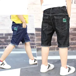 Adolescentes garotos meninos shorts jeans 4y-16y carta de verão imprimida crianças meninos calças casuais jeans de algodão macio calças retas mais curtas 240328
