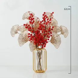 Decorative Flowers Chinese Metal Frame Glass Vase Red Fortune Fruit Year Decoration Home Livingroom Furnishing Crafts Coffee Table