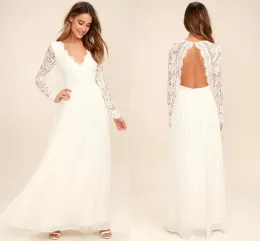 Sukienki 2022 Bohemian Long Rleeve koronkowa sukienka ślubna ALINE SEKSYJNA FORMALNA PRZYJĘCIE VNECK Otwarta plaża Chifon Boho Bridal Sukni