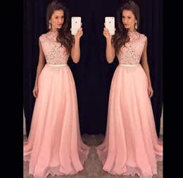 2020 New Cheap Pink A Line Prom Dresses Illusion Lace Appliques Chiffon Sashes Floor Length Custom Evening Dress Party Pageant For8770965