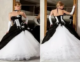 빈티지 흑백 볼 가운 웨딩 드레스 등이없는 코르셋 빅토리아 고딕 플러스 사이즈 웨딩 신부 가운 저렴한 5916085