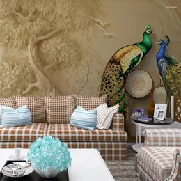 Papéis de parede Wellyu papel de parede personalizado 3D estéreo murais em relevo em grande árvore de pavão de pavão pintura de parede papel de parede