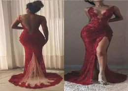Burgundy Lace Sexy Bare Back Evening Dresses Side Split Deep V Neck Spaghetti Straps Slim Prom Dresses Formal Party Gowns7514689