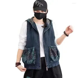 Giubbotti da donna stampa retrò giacca e gilet di denim con cappuccio con cappuccio per branco d'autunno donna senza manica da donna jean short jackets lady