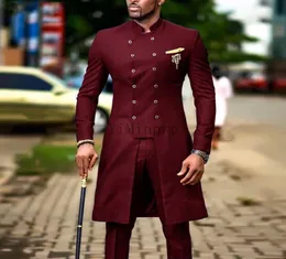 Burgundy Mens Suit Stand Collar Double Breasted Wedding Tuxedos Suits 2 피스 의상 마리지 Homme Prom Long Coatpant1637375