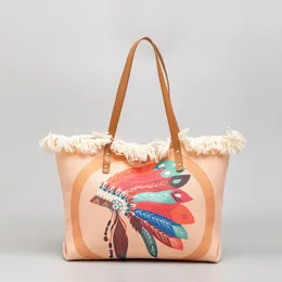 Quasten ästhetische Strandtaschen für Frauen Leinwand Handtasche Bohemian Totes Bag süße Hobo -Tasche Lederhandle -Umhängetaschen Western Stil Leinwand Tasche mit Kunstleder