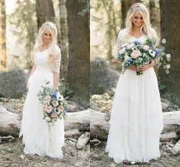 Dresses 2020 Western Country Bohemian Beach A Line Wedding Dresses V Neck Lace Chiffon Half Sleeves Tiered Floor Length Plus Size Bridal G
