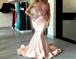 Blush Pink Mermaid Veal Virts 2023 Satin Theslique Lace Hoded Saudi Honey Qiao Jewel Sexy Party Prom Downs Pageant Rob8309583