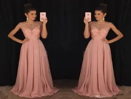 2017 Chic Pink Prom Dresses Aline Jewels Major Beaded Illusion Bodise Chiffon Celebrity Formality Gowns Dress for Party Wear 8312893