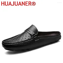 Casual Shoes Summer Mens Half For Men äkta läder loafers moccasins andningsbara ihåliga designers slipon lata tofflor man