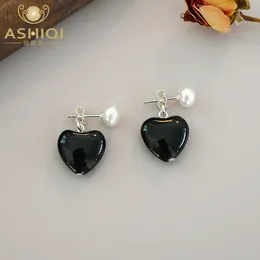 Stud Earrings ASHIQI Natural Freshwater Pearl Black Agate Love Fashion Jewelry For Women
