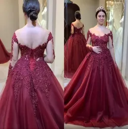Burgundy 2020 Arabic Aso Ebi Lace Appliqued Quinceanera Dresses Sheer Neck Prom Dresses Long Sleeves Formal Party Second Reception3378106