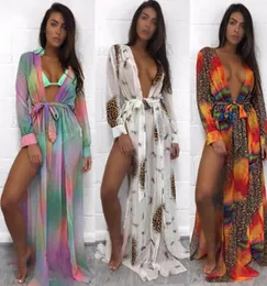 Deep v Split Beach Maxi Dresses Sexy Boho Long Sleeves Lonopard Floral Print Women Swimsuit Bikini Blouse Skirt Whole20174264156