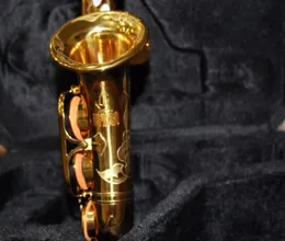 Utsökt hand snidad högkvalitativ mässing Gold Lacquer Soprano Saxophone Pearl Button New Sax Instrument med Case Mouthpiece Glove1973756