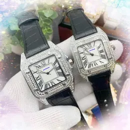 Luksusowy kwadratowy rzymski czołg Three Pins Dial zegarki mężczyźni kobiety Japonia Kwarc Ruch Diamonds Pierścień Rose złoto srebrne obudowa oryginalna skórzana pasek
