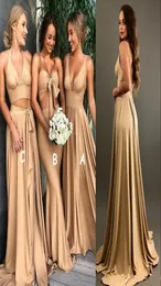 Сексуальные золотые платья подружки невесты с щелью 2018 A Line v Neck Long Boho Country Beach Beach Honords Gowns Plus Size Wedding Guest Wear2594735