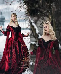 Gotycka śpiąca królewska Księżniczka Medieval Burgundy and Black Wedding Sukienka z długim rękawem koronkowe aplikacje wiktoriańskie maskaradę Bridal G6388572