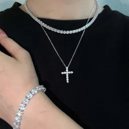 Iced Out Cubic Zirconia 18K Gold Cuban Link Chain Cross Pendant Diamond 925 Silver Tennis Halsband Chocker Halsband för kvinnor