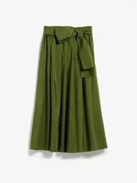 Kjolar kvinnor hög midja snörning båge midi kjol 2024 sommar mode vintage grön kvinnlig veckad elegant a-line lång jupe