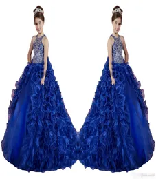 Luxury Royal Blue Little Girls Girls Pageant Dresses Ruffled Crystal Beads