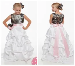 Top One Spring Satin Mamo Long Flower Girls Dresses con nastro Cambietto Casoflage Real Top Top Kids Birthday Birthday Birthday Wear Fo8426933