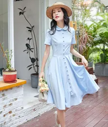 파티 드레스 2024 Office Lady Short Sleeve Dress Slim Waist Blue Sweet Girls Draped Buttons 럭셔리 생일 선물 Q358