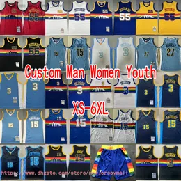 カスタムXS-6XLクラシックレトロ1991-92バスケットボール55 Dikembe Mutombo Jersey Throwback Vintage 15 Carmelo Anthony 3 Allen Iverson Murray Jokic Breseable Sports Shirts
