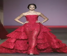 Michael Cinco rotes Ballkleid Abendkleider Spitzen Applikationen Feiern Zug schiere Tüllkleid mit abgestuften Rüschen trägerloser formelles Wome3046029