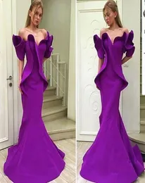 2019 Purple Organza Stain Dubai Arabic Offshoulder Mermaid Dresses Party Evening Evening Evening Wear Ruffles 트럼펫 Backless Exerage Prom 4462230