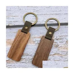 Nyckelringar Lanyards Personlig läder Keychain Pendant Beech Wood Carving Lage Decoration Key Ring Diy Fathers Day Par Gift Wh Dhqan