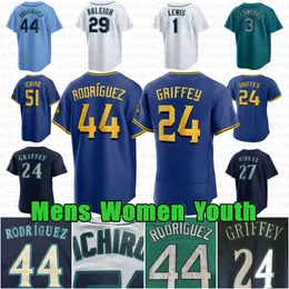 Custom Ken Griffey Jr 44 Julio Rodriguez Baseball Jersey JP Crawford Edgar Martinez Suzuki Ichiro Cal Raleigh Matt Brash Jorge PolancoGeorge Kirby Mitch Garver