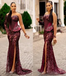 2022 بالإضافة إلى الحجم العربي Aso ebi burgundy mermaid مثير فساتين حفلة موسيقية الدانتيل المسائية المذهلة حفلة رسمية الحزب الثاني إشراك 7933506