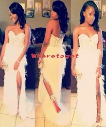 2019 New Arling Long Feather Mermaid Prom Gowns White Sweetheart Rhinestones Splite Evening Dresses African Black Girl Prom2533568