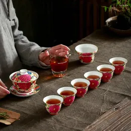 TeAware Setleri Tam Çay Seti Porselen Renk Emayel Gaiwan Tureen Jingdezhen Craft Cup Filtre Net Filtrasyon Cam Sürahi Fuar Bardakları