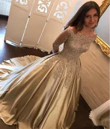 Gold Pealrs Appliqued Stain Long Prom Dresses Off the Shoulder Formal Evening Bowns Sweep Train Long Party Dress Vestidos de Fiest4921314