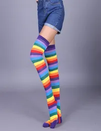 New Women Fashion Lady Thigh Over Knee Socks Rainbow Arrival High Striped Long Stripey Stocking Sock breathing good elasticity Sto5180972