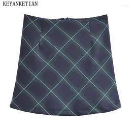 Signe Keyanketian 2024 Lancio Women's Argyle Plaid Mini Skirt Preppy in stile preppy Summer Zipper A-a vita alta A-Line Skort vintage