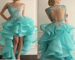 2015 Blue Prom Kleider Illusion Crew Ausschnitt Organza Spitzen ApplizemeRuffleBeads rücken hoch vordere und losen Rücken Abend Kleid3198638