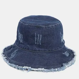 Breda randen hattar hink retro tvättad denim hink hatt kvinnor sombrero panama män vinter fiskare tråd design vikbar botten q240403