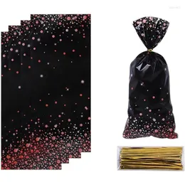 선물 랩 50 pcs 검은 장미 금색 플라스틱 호일 도트 셀로판 사탕 가방은 퇴직 파티 용품을위한 황금 꼬인 타이가있는 가방