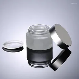 Lagringsflaskor 30 st Clear Frosted Glass Cream Jar med glänsande silver aluminiumlock 50 gram kosmetik för öga 50g burkar