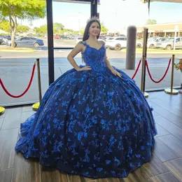 Princesa brilhante azul fora dos ombros Quinceanera Vestidos 2024 Apliques de renda laço doce 16 vestido de bola vestidos de 15 anos