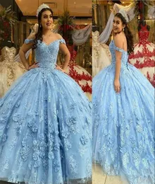 2021 Sexy Ball Hown платья Quinceanera светло -голубые кружевные аппликации.