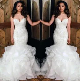 Dresses African New Strapless Organza Mermaid Wedding Dresses 2020 Beaded Stones Top Layered Ruffles Floor Length Bridal Wedding Gowns BC0