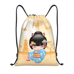 Aufbewahrungstaschen Kawaii Kokeshi Puppe Kirschblüten Draw String Backpack Sports Gymbag für Frauen Japanisch Geisha Girl Art Training Sackpack