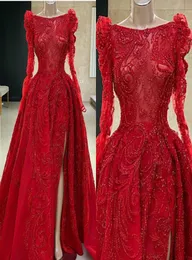 2020 Luxury Evening Dresses Jewel Neck Beaded High Side Split Long Sleeve Prom Dress Sweep Train Custom Made Special Ocassion Gown2599634
