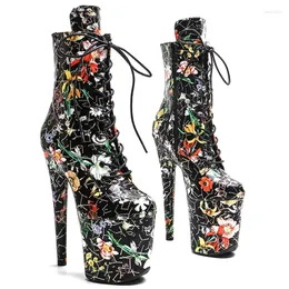 Dans Ayakkabıları Leecabe 20cm/8inches Çiçekler Pat PU Üst Moda Yüksek Topuk Platform Botlar Kutup