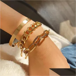 Bangle Fashion Womens Mtilayer Metal Bracelet Set Heavy Gold Color Copper Chain Crystal Women Bijoux Jewelry Drop Delivery Bracelets Dhvvl